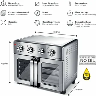 TurboTronic digitaler Heißluftofen - XXL 32 Liter mit Drehspieß für Hähnchen 4in1 Mini Backofen & Power Heißluftfritteuse Airfryer ab 80°C