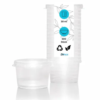 Enpack - Dip Schälchen mit Deckel 30ml aus PP - 500 Stück - Saucenbecher - kleine Dosen mit Deckel Plastik - Einweg Saucenschälchen - 30cc mini Plastikdosen - Butter Döschen - Saucen Behälter