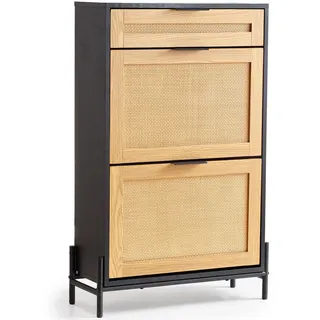 Vevor Schuhschrank Schuhkommode aus Rattan mit 2 Klappschubladen & 1 Ausziehschublade, Metallbeine, schmaler Schuhschrank ideal für Eingangsbereich Diele Schrank Flur Schuhkipper Schwarz