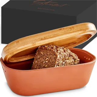 Steinzeit Design Brotkasten - Brotbox aus atmungsaktivem Ton – Brotkasten Keramik mit edlem Bambusdeckel – Brottopf für platzsparendes Aufbewahren