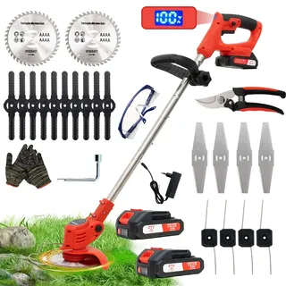 Akku Rasentrimmer mit Akku, Rasenkantenschneider mit 2 Akkus 21V und 4 Messertypen+1 Gartenschere,  124CM Desbrozadoraeléctrico inalámbrico