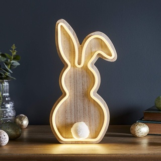 Lights4fun LED Neon Osterhase aus Holz warmweiß 30cm batteriebetrieben Osterdeko