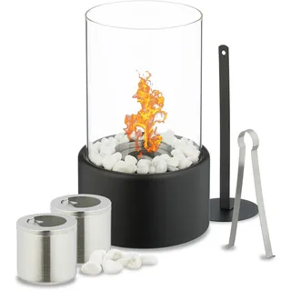 Relaxdays Tischkamin, Bioethanol Kamin, Indoor & Outdoor, HxD: 26,5 x 16 cm, Tischfeuer mit Zubehör, transparent/schwarz