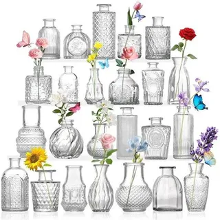 Famanu Mini-Glasvase Set von 24 Stück, Vintage-Optik, kleine Blumenvasen für Tischdekoration, Hochzeiten und Interieur