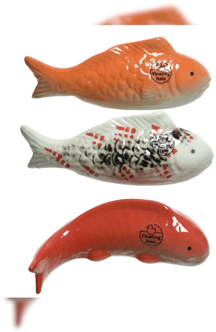 Decoris 1 Dekofiguren 16cm Porzellanfigur Koifisch Gartendekoration Teichdeko schwimmend Gartenteich Deko Koi Fisch Teichfigur Gartendeko Figur Orange Weiß