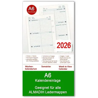 A6 Kalendereinlage 2026 (1 Woche auf 2 Seiten)Wochenplaner für alle gängige Ledermappen Terminplaner Organizer Kombimappe Zeitplaner Ersatz Kalender Einlagen Wochen Kalendarium Jahresplan (A6 Kompakt)