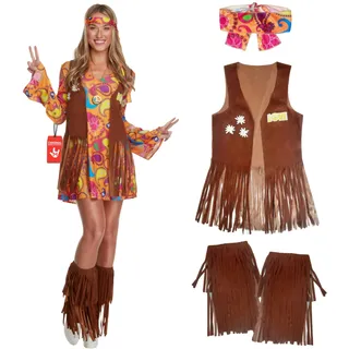 Morph Hippie Kostüm Damen, 70er Jahre Outfit Damen, 70er Jahre Bekleidung, Hippie Kleid, Schlagermove Outfit Frauen, Karneval Kostum Frauen, Fasching, XL - XL