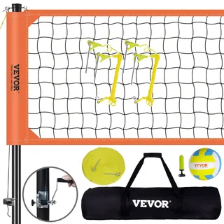 Vevor Volleyballnetz Höhenverstellbares Volleyballnetz Set, 9,7 x 2,4 m Tragbarer Beachvolleyball-Netz, Orange Volleyballnetz Faltbare Volleyballnetz mit Volleyball & Tragetasche, für Garten, Strand
