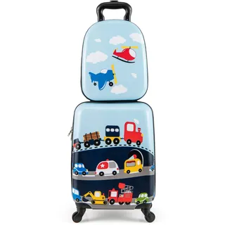 COSTWAY 2 teiliger Kinderkoffer+ Rucksack, 13” + 17” Kindertrolley, Kindergepäck mit höhenverstellbarer Griff, Kinder Reisekoffer Flugzeug, Hartschalenkoffer für Jungen & Mädchen (Verkehrsmittel)