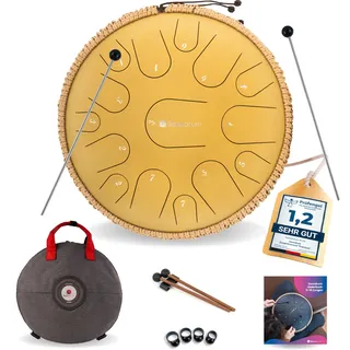 sonodrum Zungentrommel "Premium" C - Dur in Gold - 35 cm groß mit 15 Tönen - Steel Tongue Drum inkl. Liederbuch, Schlägel, Fingersticks und Tragetasche - Notenlesen nicht nötig, einfach zu spielen.