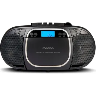 Medion E66476 Stereo Sound System (Boombox, CD-Player, MP3, Kassette, tragbarer Kassettenspieler für Kinder, UKW Radio, AUX, Kopfhörer, Netz & Batterie) schwarz