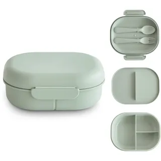 mushie Lunchbox Kinder Brotdose Vesperdose für Kindergarten und Schule | Trennwand & Fächern mit verschließbaren Deckel | Mit Besteck Gabel und Löffel (Sage)