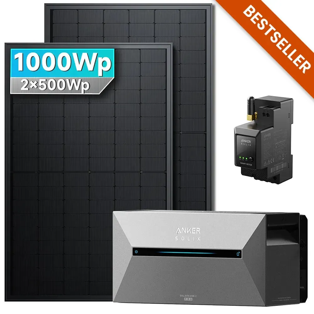 Anker SOLIX Solarbank 2 E1600 Pro Balkonkraftwerk Speicher mit 500Wp Solarmodul Set - 1000Wp ‚Äì 2 Module / Ohne Erweiterungsakku / Ohne HAL