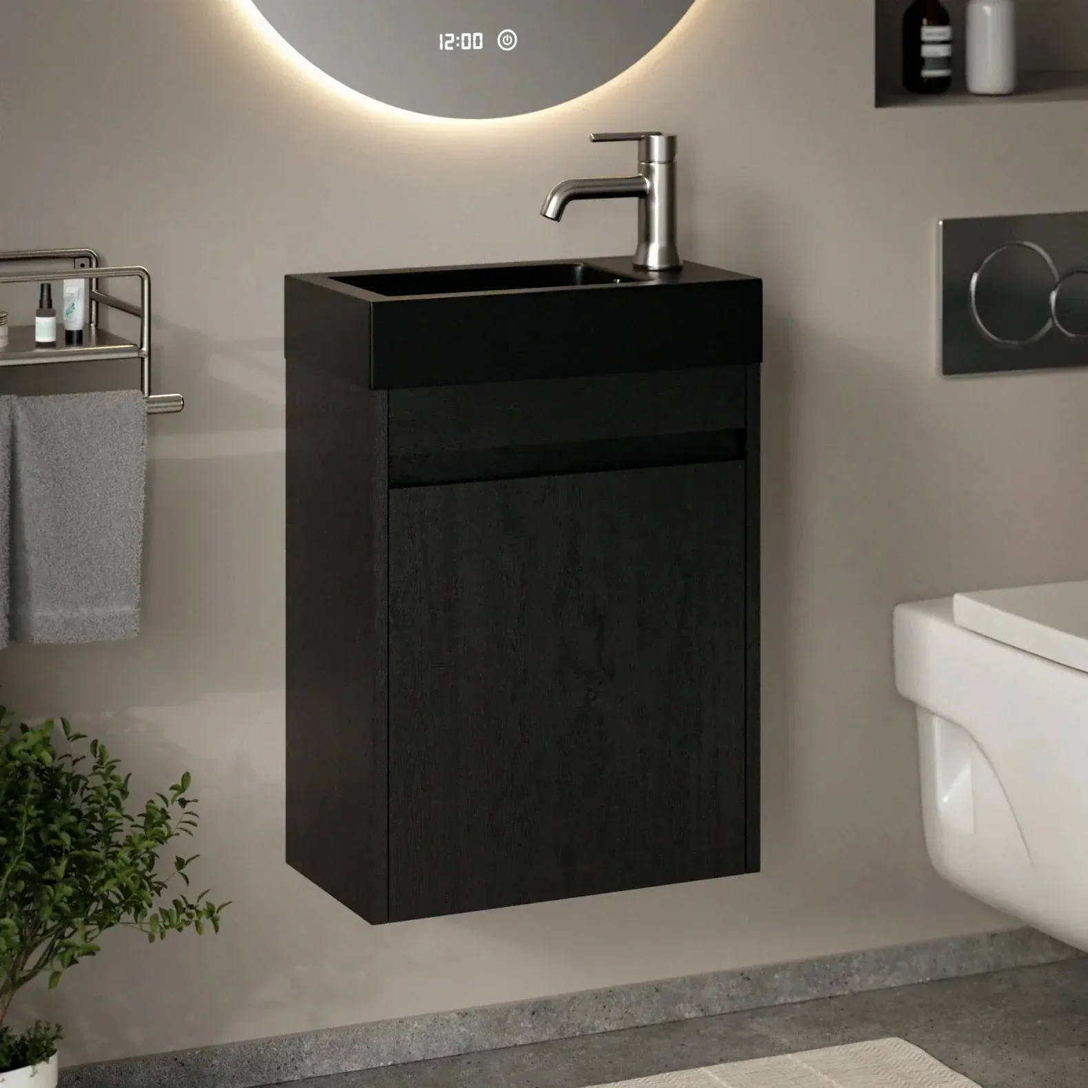 Gäste-WC-Möbel Elen – 40 cm – Schwarze Eiche - Schwarzes Waschbecken - Vorbestellen