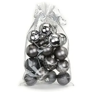 Weihnachtskugeln Plastik grau Mix 6cm 20 Stück im Geschenkbeutel mit Schleife