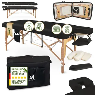 MASSUNDA – Mobile Comfort Deluxe Massageliege klappbar & höhenverstellbar – EXTRA breiter Massagetisch aus Vollholz – Massagebank mit ergonomischer Kopfstütze, Bezug, Armlehne, Kissen (Schwarz)