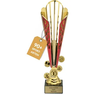 pokal-fabrik.de - Pokal mit Gravur Wunschtext groß in Gold/rot - personalisiertes Geschenk & Sportemblem nach Wahl - 35,5 cm inkl. Marmorsockel - Geschenk-Trophäe | Pokale Kinder