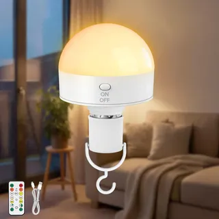 Kimjo E27 Wiederaufladbare Glühbirne mit Fernbedienung - 10W Aufladbare Glühbirne mit Batterie USB 3 Farben Dimmbare - Abnehmbare Magnetische Akku Glühbirnen Aufladbar Outdoor Camping Lampe