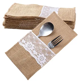 SERWOO 20 Stück Jute Bestecktaschen Besteckbeutel Besteckhalter Sackleinen mit Spitze Messer und Gabeln Besteck Set Hochzeit Vintage Deko Tischdeko für Party Hochzeit Zuhause