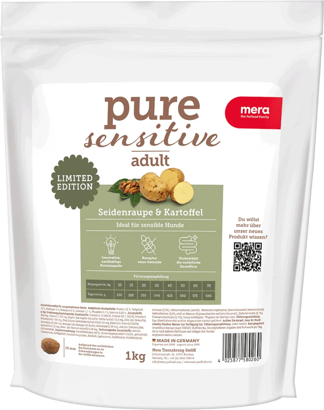 mera pure sensitive Seidenraupe & Kartoffel Trockenfutter für Hunde 1kg | ultra sensitiv Rezeptur für sensible Hunde 1kg