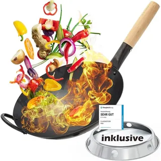 Flavemotion Wok Pfanne 30cm inkl. Wokring - Geeignet als Wokpfanne Induktion sowie für den Grill und Gasherd - Wok Pfanne aus robusten Karbonstahl - Woks & Wokpfannen, Wok Gasbrenner, Wok Induktion