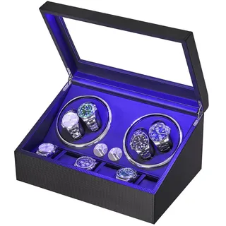 ANWBROAD Uhrenbeweger für Automatikuhren 4 Uhren+6 extra Speicherplätze 4 Drehmodis mit super leisem Mabuchi Automatik Uhrenbeweger Watch Winder Uhrendreher Karbonfaser USB-Aufladung JWW002B