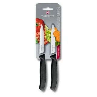 Gemüsemesser-Set, 1 x Normaler Schliff, 1 x Wellenschliff, 10 cm Klinge, Mittelspitz, schwarz