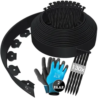 Kesser Flexible Rasenkante aus Kunststoff Länge 10m Höhe 5cm, mit 50 Erdanker + Handschuhe, Beeteinfassung Beetumrandung Beetbegrenzung Mähkante Pflastersteine Palisade
