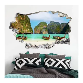 K&L Wall Art Wandtattoo 3D Wandtattoo Aufkleber Badezimmer Wellness Strand Urlaub Südseebucht, Mauerdurchbruch Wandbild selbstklebend bunt 40 cm x 24 cm
