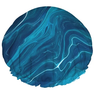Sea Shower Cap, Abstraktes blaues Meerwasser-Marmormuster, wasserdichte, doppellagige Badekappen, perfekt für alle Haarlängen und -dicken