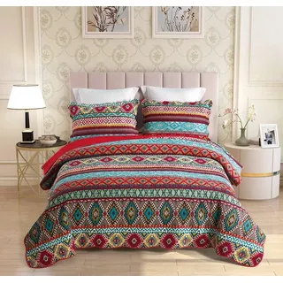 Qucover Tagesdecke Bunt Boho 250x270cm, Baumwolle Gesteppt, Bettüberwurf 240x260, 3-Teilig Mit Kissenbezug Set Für Doppelbett
