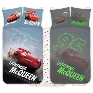 BrandMac Disney Cars McQueen Bettwäsche Set 100x135 cm & Kissenbezug 40x60 cm | Nachleuchtend für Kinder | Wendebettwäsche Set für Jungen & Mädchen | Weich & Atmungsaktiv 100%