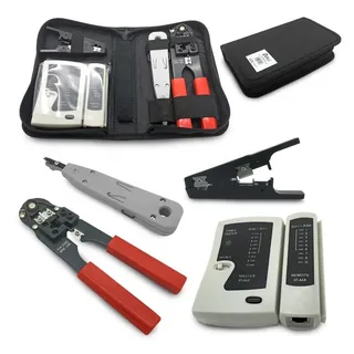 ARLI Crimpzange Werkzeug Set für Netzwerk und Telefoninstallation, Set 5-tlg., RJ45 Crimpzange LSA Anlegewerkzeug Tester Abisolierer Werkzeugtasche schwarz