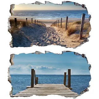 2Pcs Wandtattoo Meer Strand Beach Natur Landschaft 3D Effekt XXL Wandaufkleber Fenster Selbstklebend Wandsticker für Junge Mädchen Kinderzimmer Groß 1000mmx600mm V03