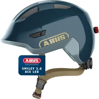 ABUS Smiley 3.0 ACE LED - Fahrradhelm mit Licht - tiefe Passform & Platz für einen Zopf - für Mädchen und Jungs - Blau Glänzend, Größe S (45-50 cm)