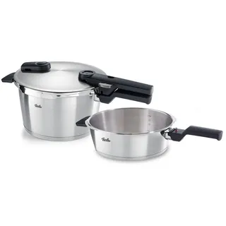 Fissler Schnellkochtopfset Vitaquick® Premium satiniert, Silber, Metall, 2-teilig, 4,5 und 2,5 L, Made in Germany, abnehmbare Griffe, Druckregelventil, Sicherheitsverschluss, Kochen, Töpfe, Schnellkochtöpfe