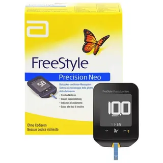 Abbott Blutzuckermessgerät FREESTYLE Precision Neo, Kombi-Set, Umfassende Speicherkapazität: 1000, Leuchtende Pfeile für klare Anzeige, Blutzuckerüberwachung, mmol, Mit PC-Schnittstelle, Integriertes Dosierungsprotokoll, tolles Design schwarz