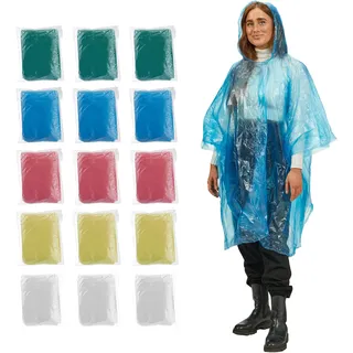 Relaxdays Regenponcho Einweg, 15er Set, Einmal Regencape Mit Kapuze, 5 Farben, Notfallponcho Für Damen & Herren, Bunt, Blau, 15