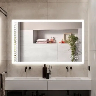 Oobest - Badspiegel 90x70 cm Badezimmerspiegel mit Beleuchtung, LED-Spiegel mit touch-Schalter und Beschlaghemmungsfunktion, Kaltweiß 4mm