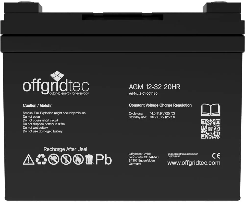 Offgridtec AGM 32Ah 20HR 12V | Solar Batterie Akku extrem zyklenfest