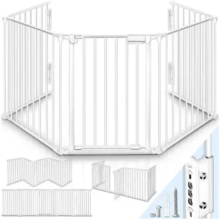 KIDUKU Ofenschutzgitter Kaminschutzgitter Metall, Absperrgitter faltbar, Konfigurationsgitter inkl. 5 - 10 Elementen, Tür weiß 420 cm