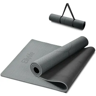 Ellylife Yogamatte Rutschfest 190x68CM, 8MM Dicker aus ECO Naturkautschuk & Hautfreundliches TPE, Ausrichtungslinien, Einzigartiges Design, Inklusive Tragegurt Grau