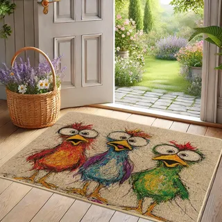 Bunte Hühner-Fußmatte, lustige Vögel, für drinnen und draußen, Willkommensmatte für Frühlingsdekoration, rutschfest, leicht zu reinigen, für den Eingang, 73 x 43 cm