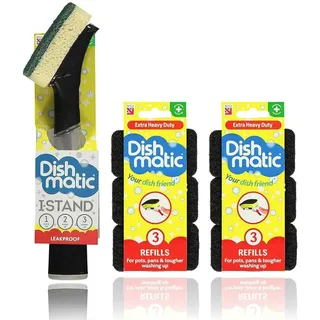 Dishmatic Küchenbündel mit I-Stand-Bürste, 3 Allzweck-Ersatzminen und 3 robusten Ersatzminen | Spender-Set für nachfüllbare Spülbürsten