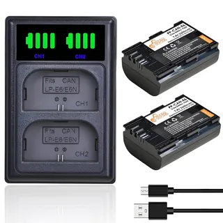 Pickle Power LP-E6 LP-E6NH Akkus und Dual USB Ladegerät für Canon EOS R5, R5 Mark II, R6, 5D Mark II/III/IV, 5DS R, 6D, 7D,7D Mark II, 60D, 6d Mark ii 70D, 80D 90D Kameras