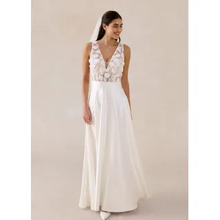 bonprix Brautkleid aus glänzendem Satin mit Blumen-Applikation, weiß, Gr.36, Modern und feminin: Langes Brautkleid aus glänzendem Satin mit hohem Schlitz und Blumen-Applikation im Oberteil
