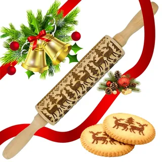 VGECEE Teigroller Weihnachten Nudelholz mit Muster Präge Nudelholz 35cm*4.5cm Teigrolle Muster Prägerolle Weihnachten Plätzchenrolle Spekulatiusroller Wooden Rolling Pin Christmas für Bäck Cookie