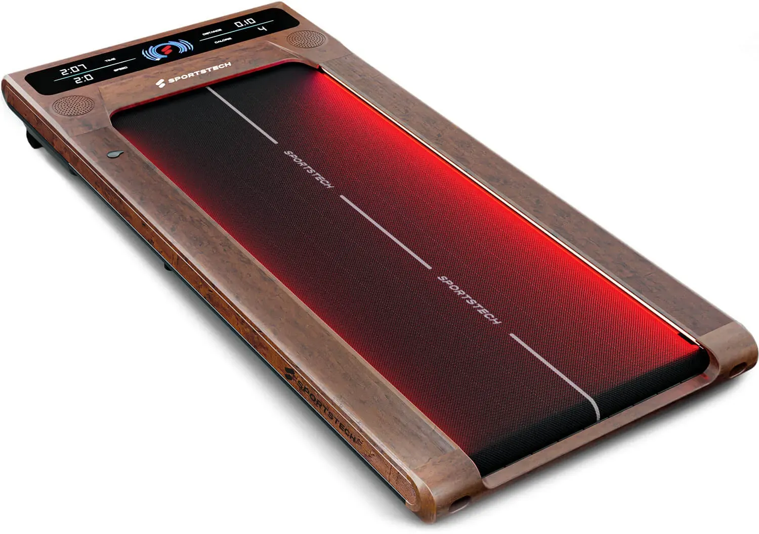Mini Laufband sWalk, Walking Pad, dunkelbraun, Holzoptik, für Homeoffice, für Stehtische, mit LED-Beleuchtung, bis zu 6 km/h, bis zu 120 kg, App-kompatibel | SPORTSTECH