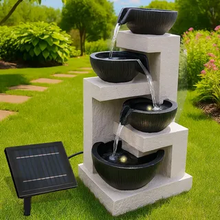 Solar Gartenbrunnen Brunnen Solarbrunnen Zierbrunnen Wasserfall Gartenleuchte Teichpumpe Basalt-Kaskade für Terrasse, Balkon, mit Li-Ion-Akku & LED Licht (27 x 24 x 50,5 cm, 1, Stück)
