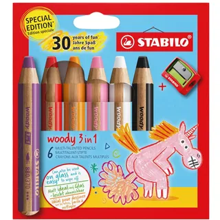 Stabilo Buntstift, Wasserfarbe & Wachsmalkreide - STABILO woody 3 in 1 - Jubiläumsedition - Einhorn - 6er Pack mit Spitzer - 6 Farben